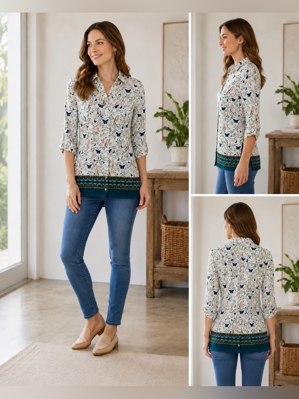 Maeve Anthropologie Owl Bird Butterfly Print Button Front Blouse Tunic Size 0